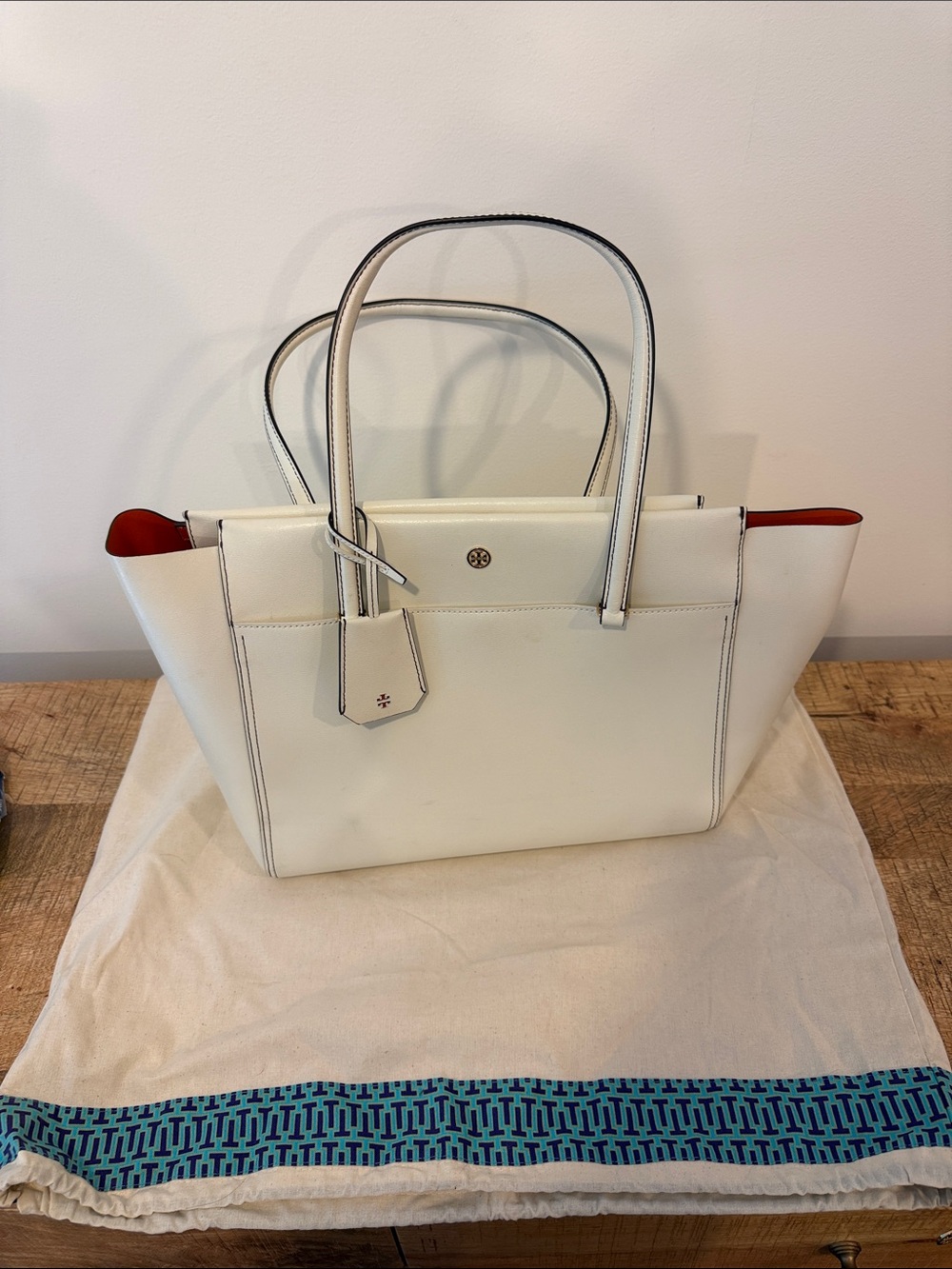 Tory Burch Cream Leather Tote with Red Interior Accents